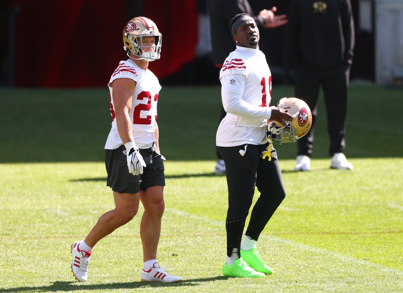 Christian McCaffrey #23 and Deebo Samuel Sr. #19 of the San Francisco 49ers.