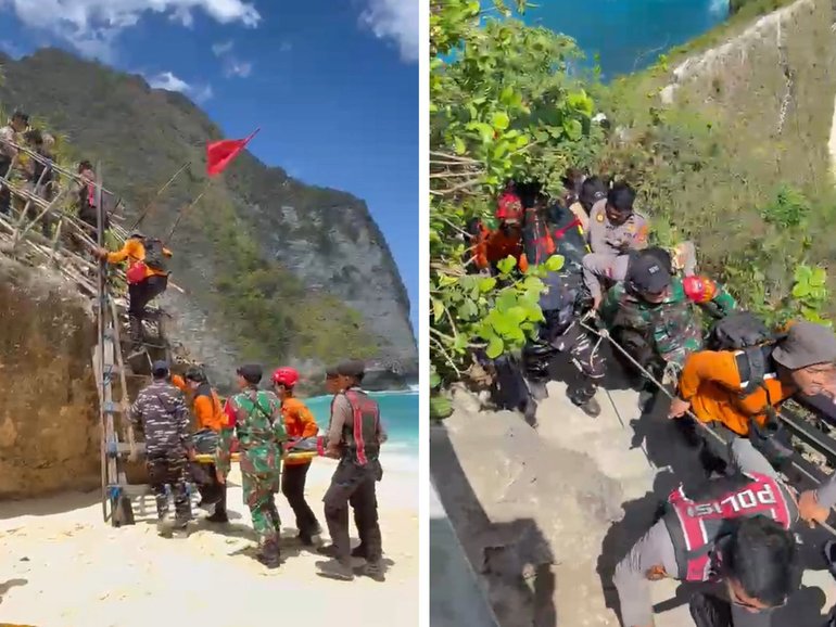 An Australian woman has died after falling from a cliff at a popular beach in Nusa Penida on Saturday morning.