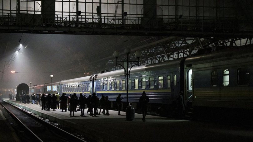 A train on a route to Poland from the Ukrainian capital Kyiv has been attacked 2km from the border. (AP PHOTO)