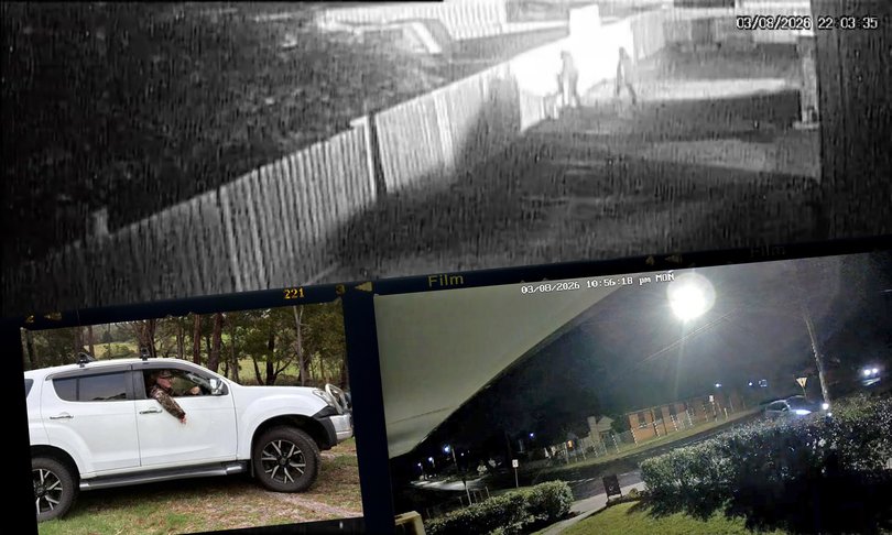 CCTV footage shows two masked figures apparently staking out the family’s property from a laneway and then driving off in the stolen car, bottom left, Ms Febey’s in his stolen car.