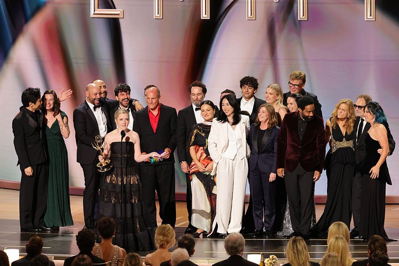 Katie Dippold and cast/crew accept the Outstanding Comedy Series Award for Widow's Bay onstage during.