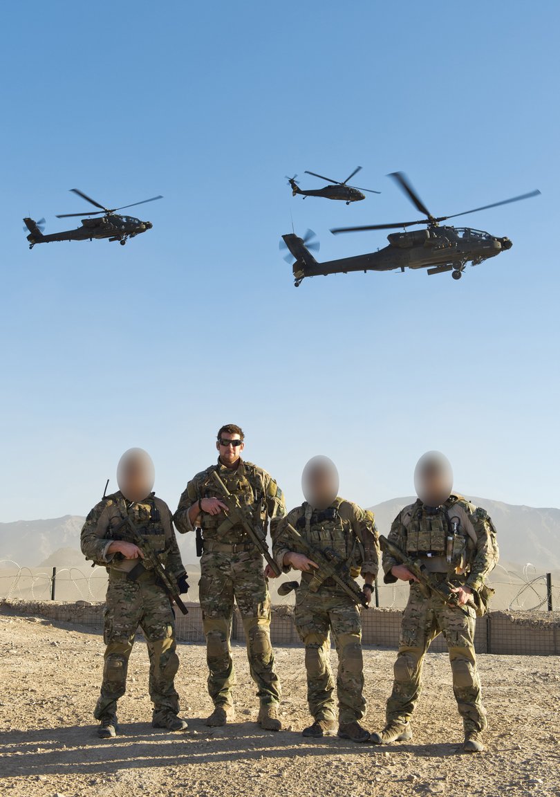 SAS corporal Ben Roberts-Smith and three members of his team in Afghanistan in 2012, when he briefly cross paths with Andrew Hastie.