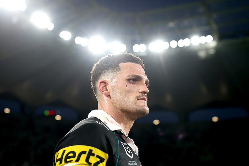 SYDNEY, AUSTRALIA - SEPTEMBER 13: Nathan Cleary of the Panthers looks on after winning the NRL Qualifying Final match between the Penrith Panthers and Sydney Roosters at CommBank Stadium on September 13, 2026, in Sydney, Australia. (Photo by Cameron Spencer/Getty Images)