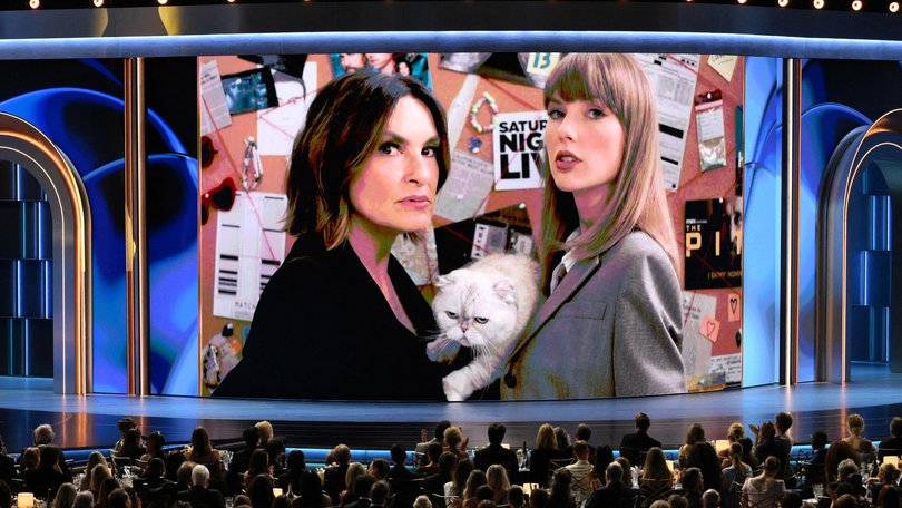 Mariska Hargitay, Taylor Swift and her cat Olivia Benson appear on screen during the 78th Primetime Emmy Awards at the Peacock Theatre in Los Angeles.