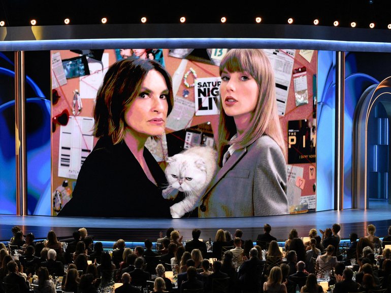 Mariska Hargitay, Taylor Swift and her cat Olivia Benson appear on screen during the 78th Primetime Emmy Awards at the Peacock Theatre in Los Angeles.