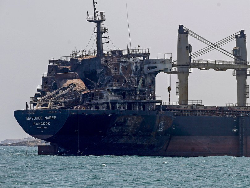 The Thailand-flagged bulk carrier 'Mayuree Naree,' which was struck by a missile near the Strait of Hormuz.