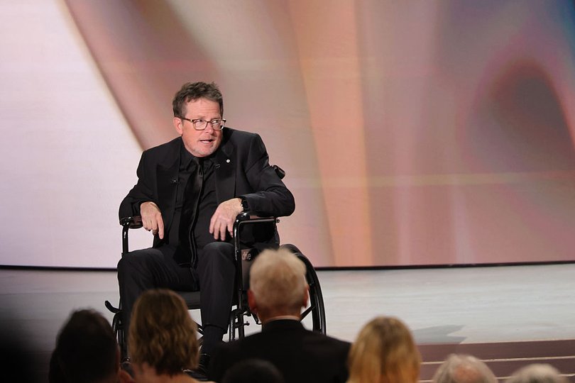 Michael J. Fox accepts the Bob Hope Humanitarian Award onstage during the 78th Primetime Emmy Awards at Peacock Theatre.