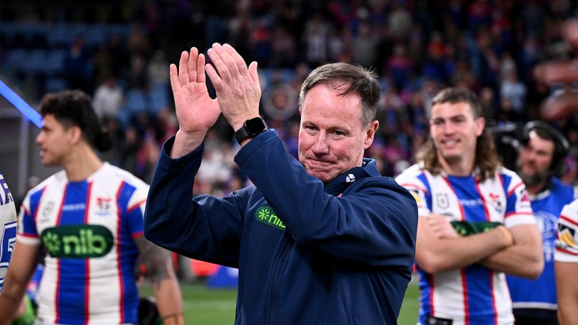 Knights head coach Justin Holbrook gestures to supporters after winning the NRL Elimination Final between the South Sydney Rabbitohs and the Newcastle Knights at Allianz Stadium in Sydney, Friday, September 11, 2026. (AAP Image/Dan Himbrechts) NO ARCHIVING, EDITORIAL USE ONLY DAN HIMBRECHTS