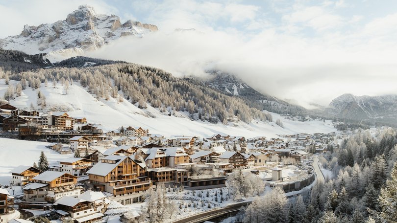Aman Rosa Alpina is huddled beneath the pale limestone ramparts of the Dolomites.