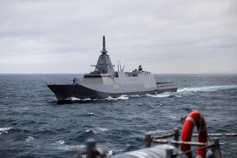 Japan Maritime Self-Defense Force Mogami Class Frigate JS Kumano sails in company with HMAS Brisbane as both ships sail into the port of Yokosuka, Japan. Picture: LSIS Danyellah Hill