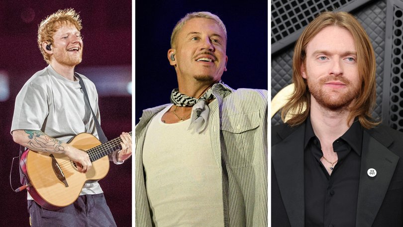 Finneas, right, is one of four acts to drop out from Ed Sheeran's tour after Macklemore was dropped for saying 'Free Palestine' on stage.