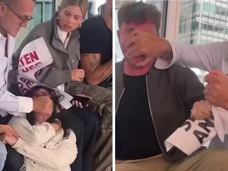Viral footage shows the fashion boss wrapping his arms around one protestor and dragging her to the floor with another clip showing him grabbing another protestor by the face to to stop them from shouting.