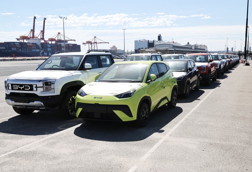 Electric vehicles parked at Fremantle Port.
