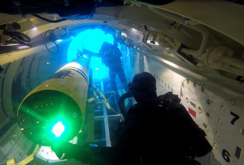The US and French navies launch an American Razorback undersea drone.