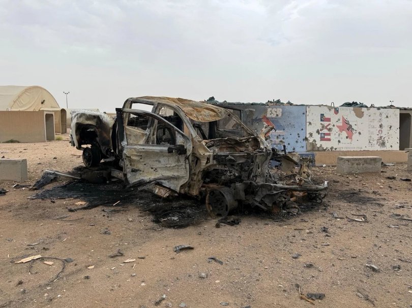 Undated photo of car destroyed during U.S. conflict with Iran, Camp Buehring, Kuwait.