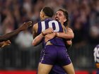 Luke Jackson and Shai Bolton of the Dockers celebrate winning the AFL semi-final.
