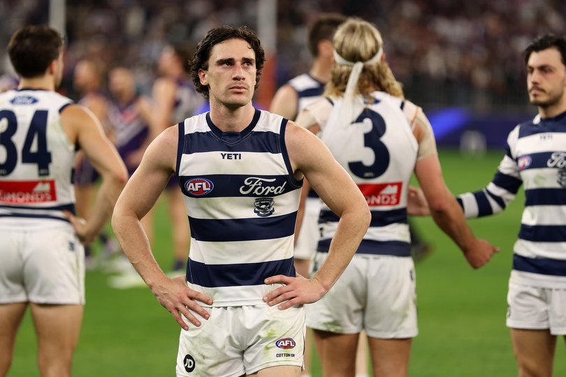 Gryan Miers of the Cats looks dejected during the AFL semi-final.