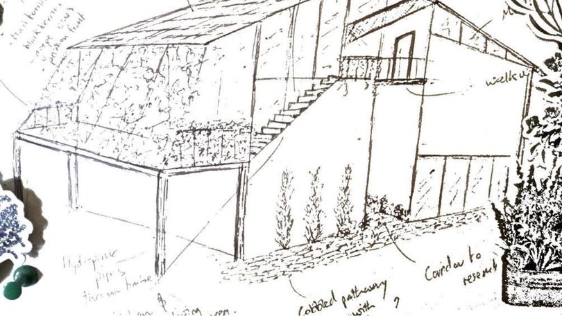 Brianna’s hand-drawn sketch captures her dream of an environmentally friendly greenhouse with a solar roof, lush gardens, a café and yoga studio, creating a space for people to connect and grow.