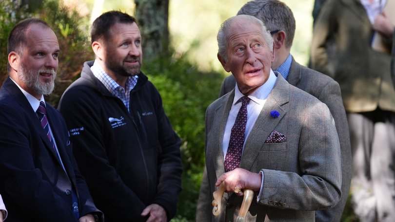 AVIEMORE, SCOTLAND - SEPTEMBER 16: King Charles III meets the community leaders, firefighters, volunteers and landowners who played a vital role in containing the Glenmore and Abernethy wildfire in July and August, which burned more than 3,300 hectares of land, during a visit to the Cairngorms National Park in the Scottish Highlands on September 16, 2026 in Aviemore, Scotland. (Photo by Andrew Milligan-Pool/Getty Images)