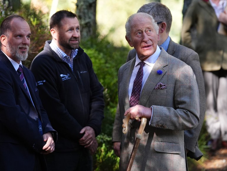 AVIEMORE, SCOTLAND - SEPTEMBER 16: King Charles III meets the community leaders, firefighters, volunteers and landowners who played a vital role in containing the Glenmore and Abernethy wildfire in July and August, which burned more than 3,300 hectares of land, during a visit to the Cairngorms National Park in the Scottish Highlands on September 16, 2026 in Aviemore, Scotland. (Photo by Andrew Milligan-Pool/Getty Images)