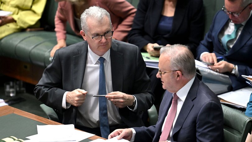 Tony Burke and Anthony Albanese during Question Time at Parliament House, Canberra.