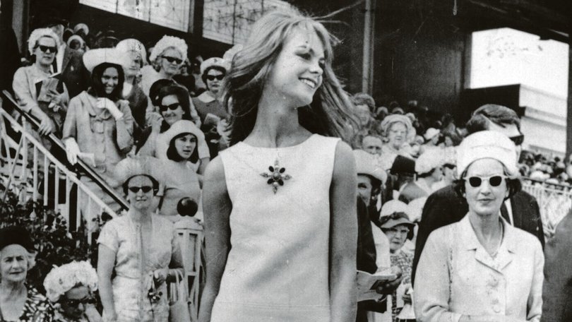 Model Jean Shrimpton in her 'mini' dress at Flemington racecourse on 1965 Derby Day in Melbourne, Victoria.