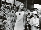 Model Jean Shrimpton in her 'mini' dress at Flemington racecourse on 1965 Derby Day in Melbourne, Victoria.