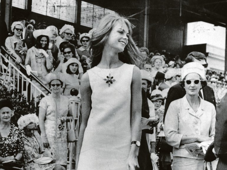 Model Jean Shrimpton in her 'mini' dress at Flemington racecourse on 1965 Derby Day in Melbourne, Victoria.