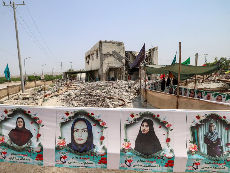 The building of the destroyed Shajareh Tayyebeh primary school is pictured surrounded by rubble in Minab in Iran’s Hormozgan province.