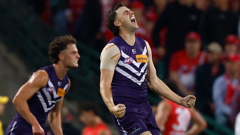 Jordan Clark celebrates Freo’s win.