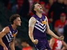 Jordan Clark celebrates Freo’s win.
