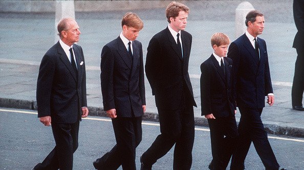 Prince Philip, the Duke of Edinburgh, Prince William, Earl Spencer, Prince Harry and Prince Charles, the Prince of Wales follow the coffin of Diana, Princess of Wales, London, England, September 6, 1997. 