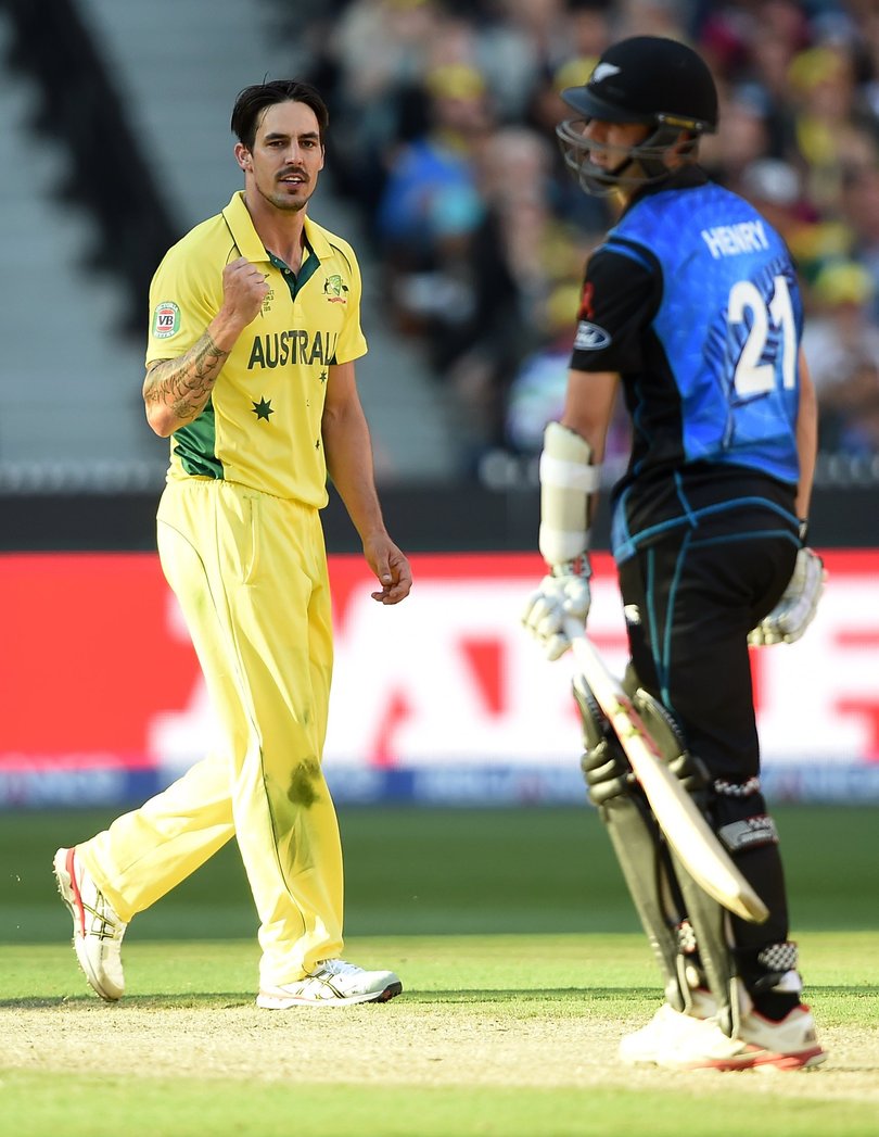Australia's Mitchell Johnson celebrates after dismissing New Zealand's Matt Henry during the ICC Cricket World Cup final in Melbourne.
