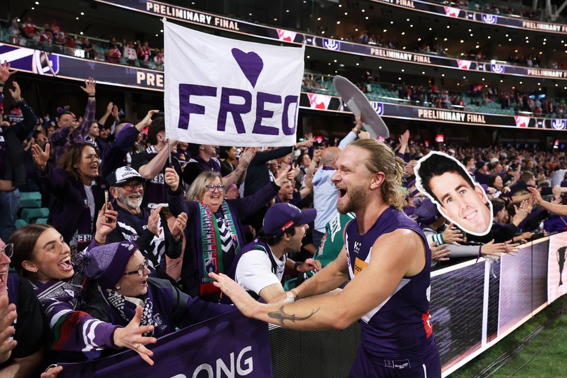 Corey Wagner of the Dockers celebrates victory 