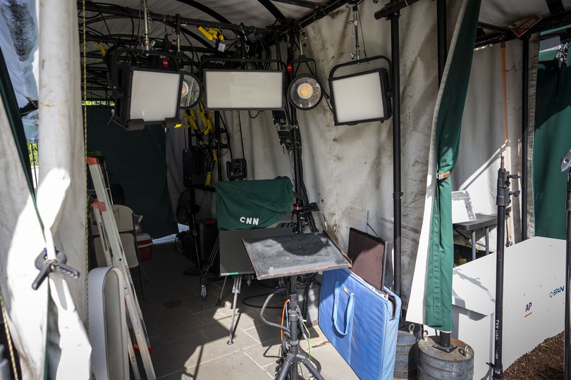 The CNN booth on the North Lawn driveway, where correspondents typically film their live shots.