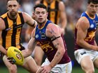 Brisbane’s Lachie Neale was cleaned up at the first centre bounce, but stayed on the field. 