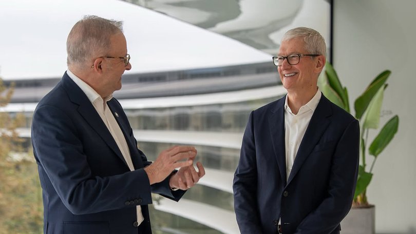 Australia’s Prime Minister Anthony Albanese with Apple Executive Chairman Tim Cook at Apple Park in Cupertino, California in United States, Saturday, September 19, 2026.
