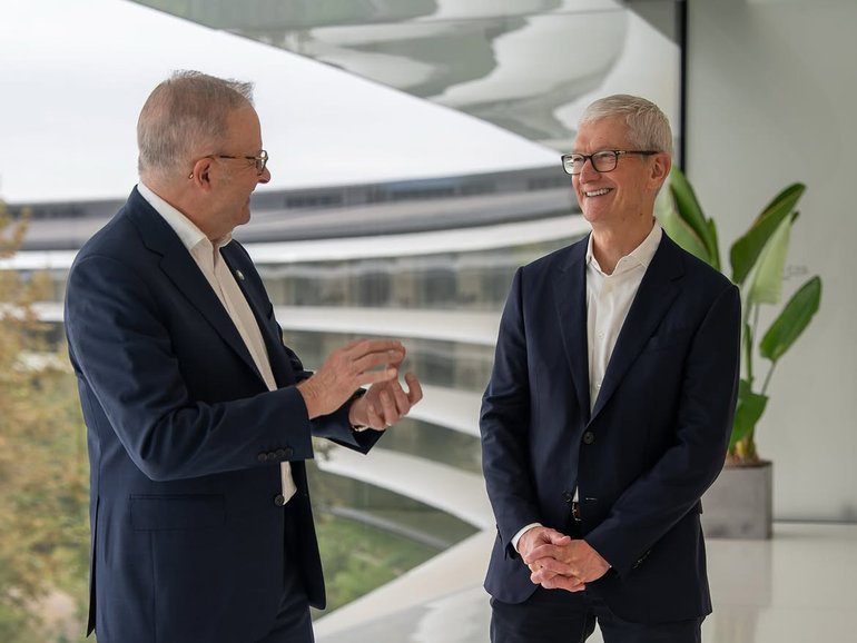 Australia’s Prime Minister Anthony Albanese with Apple Executive Chairman Tim Cook at Apple Park in Cupertino, California in United States, Saturday, September 19, 2026.