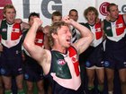 Retired Fremantle Docker Shaun McManus celebrates after the AFL Round 18 match between the Fremantle Dockers and the West Coast Eagles at Subiaco.