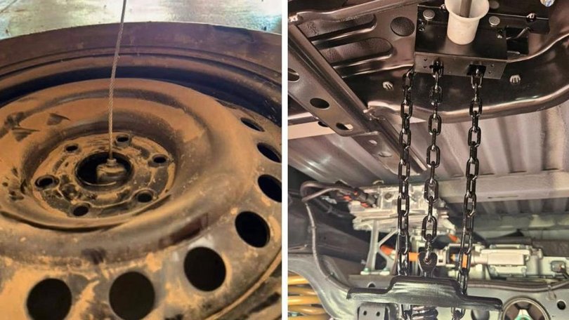 The wheel support cable is the reason behind the recall (left) - with BYD replacing the wire with a sturdier chain on impacted cars.