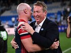 Angus Crichton of the Roosters is embraced by head coach Trent Robinson following their win in the NRL Semi Final between the Sydney Roosters and the Cronulla-Sutherland Sharks at Allianz Stadium in Sydney, Saturday, September 19, 2026. (AAP Image/Dan Himbrechts) NO ARCHIVING, EDITORIAL USE ONLY DAN HIMBRECHTS