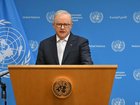 Anthony Albanese speaks to journalists at a press conference ahead of the United Nations General Assembly in New York, Sunday, September 20.