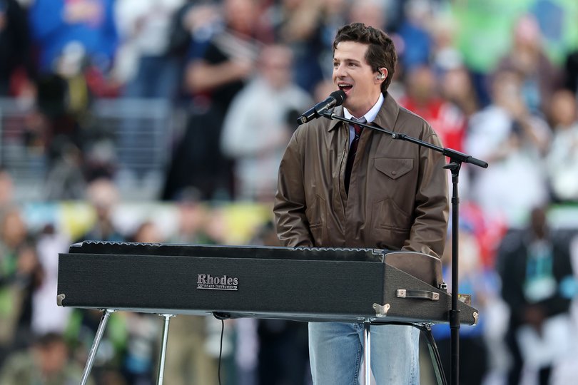 The singer pictured at the 2026 Super Bowl, where he performed the American national anthem.
