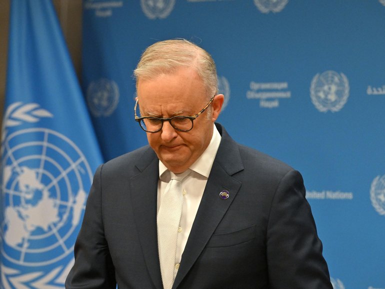 Australia’s Prime Minister Anthony Albanese leaves after speaking to journalists at a press conference ahead of the United Nations General Assembly in New York, 