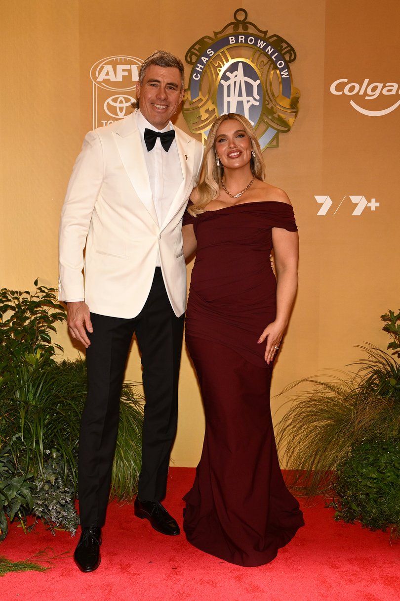 VARIOUS CITIES, AUSTRALIA - SEPTEMBER 21: Matthew Richardson and Abbey Holmes arrive ahead of the 2026 Brownlow Medal at Crown Palladium on September 21, 2026 in Melbourne, Australia. (Photo by Quinn Rooney/Getty Images)