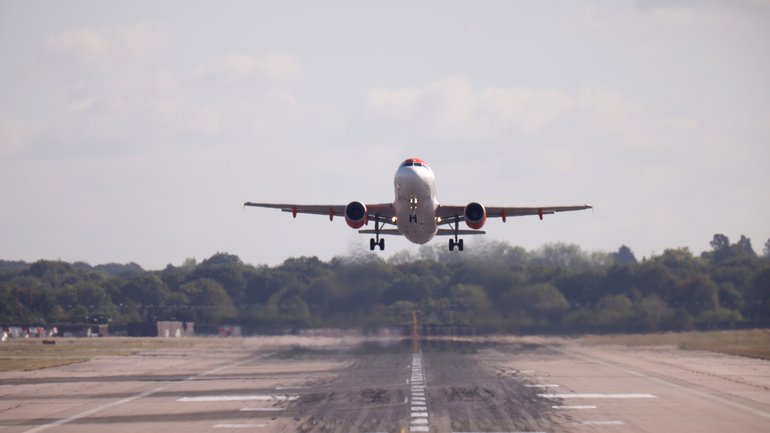 An easyJet plane takes off from Gatwick Airport on September 09, 2026 in London, England. 