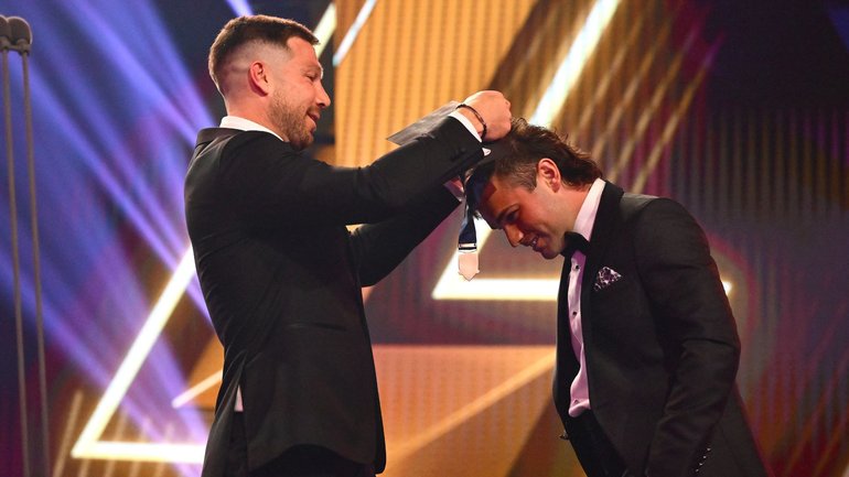 Nick Watson accepts his AFL award for Mark of the Year.
