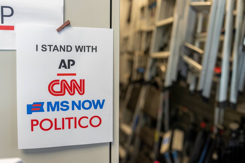A sign in support of AP, CNN, MS NOW, and Politico near the James S. Brady Press Briefing Room of the White House in Washington, DC, US, on Monday, Sept. 21, 2026. Three media outlets announced Monday they will sue to maintain their ability to enter the White House grounds days after President Donald Trump revoked their access, turning to the courts in their fight over constitutional protections for the press. Photographer: Daniel Heuer/Bloomberg Picture: Daniel Heuer