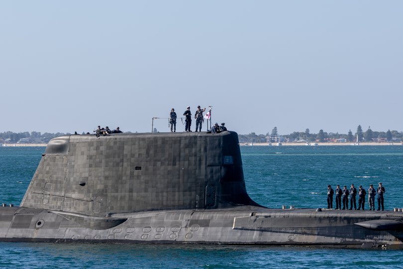 The Astute-class submarine HMS Anson arrives at HMAS Stirling in Western Australia.