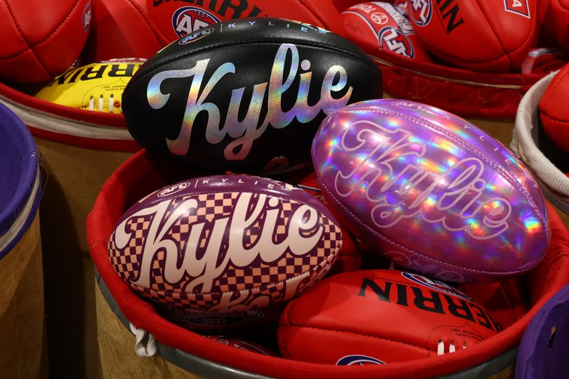MELBOURNE, AUSTRALIA - SEPTEMBER 22: Special Kylie Minogue footballs are seen as footballs are made for the 2026 AFL Grand Final at the Sherrin Factory on September 22, 2026 in Melbourne, Australia. Eighteen balls will be made especially for the match with another 150 made available for sale to the public. (Photo by Robert Cianflone/Getty Images via AFL Photos)
